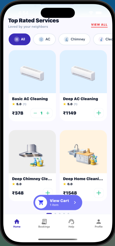 Boomzo customer app services screen